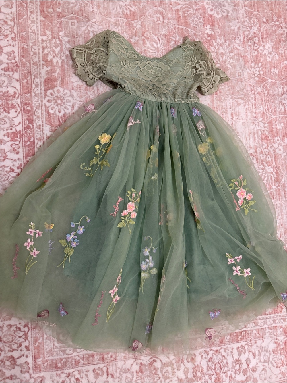 Girls Green Floral Tulle Dress with Lace Bodice - Fairy Dress, wedding